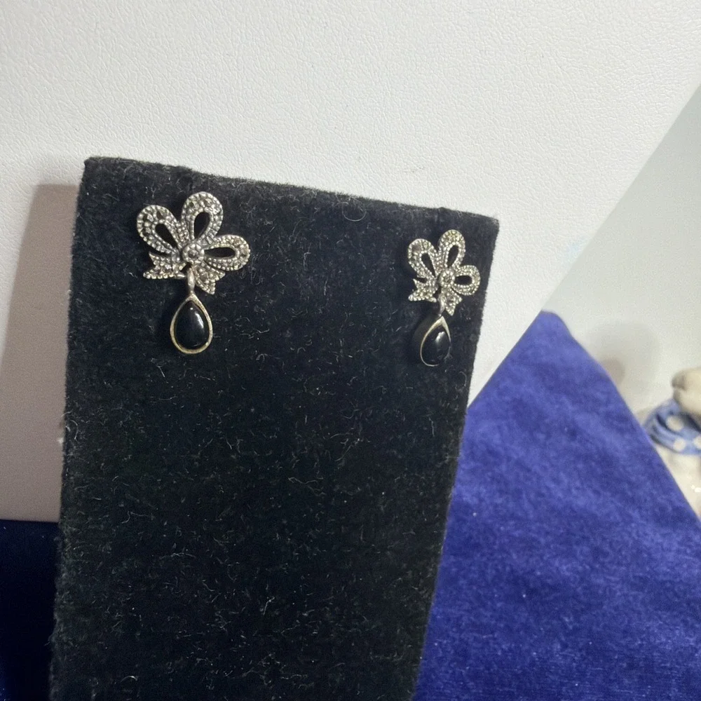 Marcasite Bow w Onyx Set in Silver Drop Post Earrings